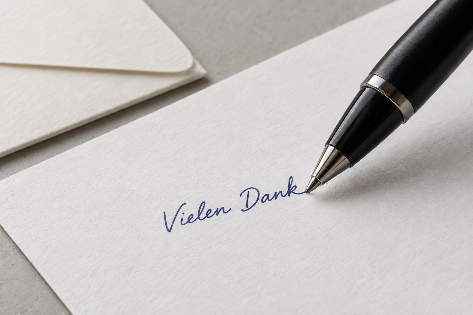 Ein Stift schreibt „Vielen Dank“ in blauer Tinte auf strukturiertes Papier