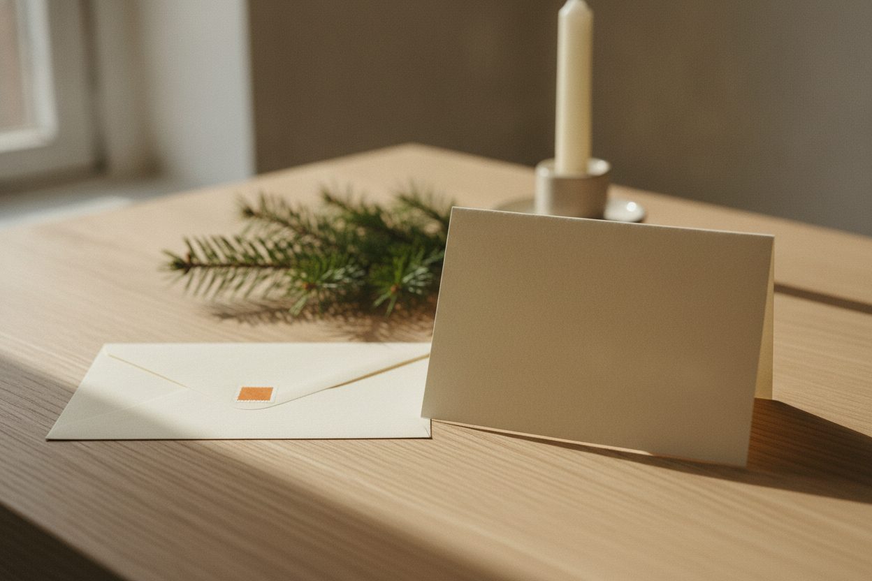 Weihnachtskarte und Umschlag auf einem Holztisch, daneben ein Tannenzweig und eine Kerze
